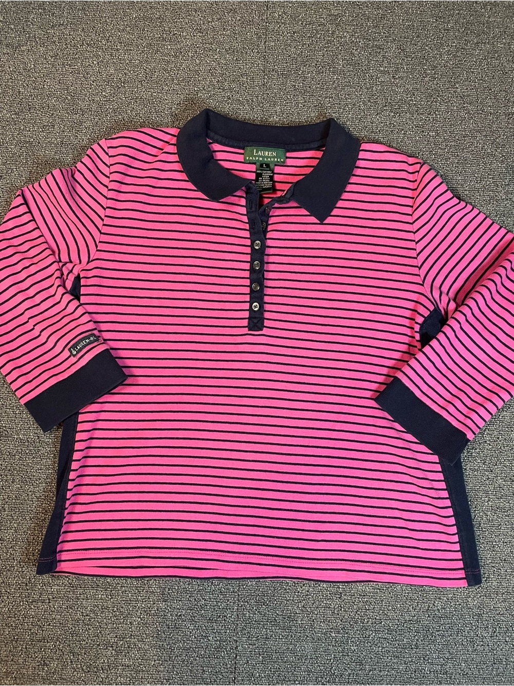 Lauren Ralph Lauren Pink & Navy Striped Polo Top-Large